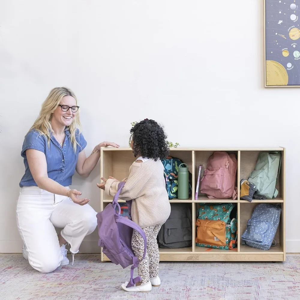 8-Compartment Mobile Backpack Storage Cabinet, Classroom Furniture, Natural