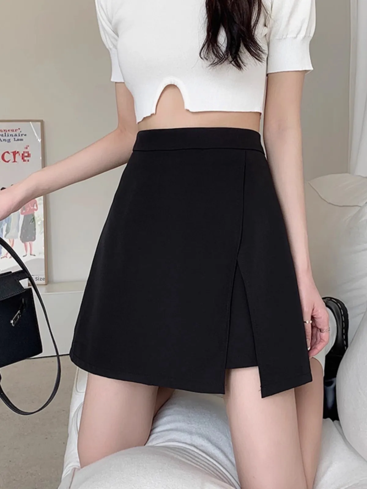 High Waist A-Line Mini Skirt Women's New Style Bodycon Skirts Hip Covering Design Fashionable Split Polyester Spring Hot Sale...