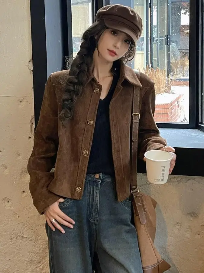 

Retro Brown Biker ort Flight Jaet Women's Autumn Winter New Sle Versatile Suede Outerwear Coat Button Detail Long Sve