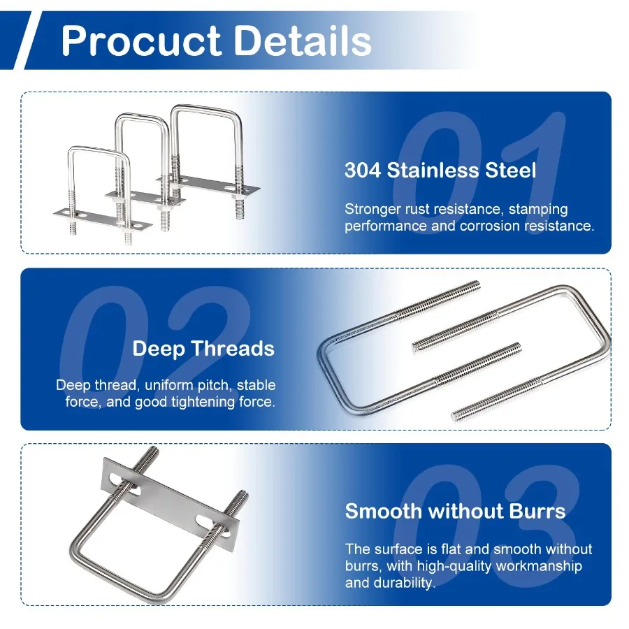 4 pezzi quadrati UBolts 11 2 "larghezza interna M8 x 40 x 100 mm UBolts in acciaio inossidabile 304 con piastre telaio e dadi 3,94" lunghezza per Aut