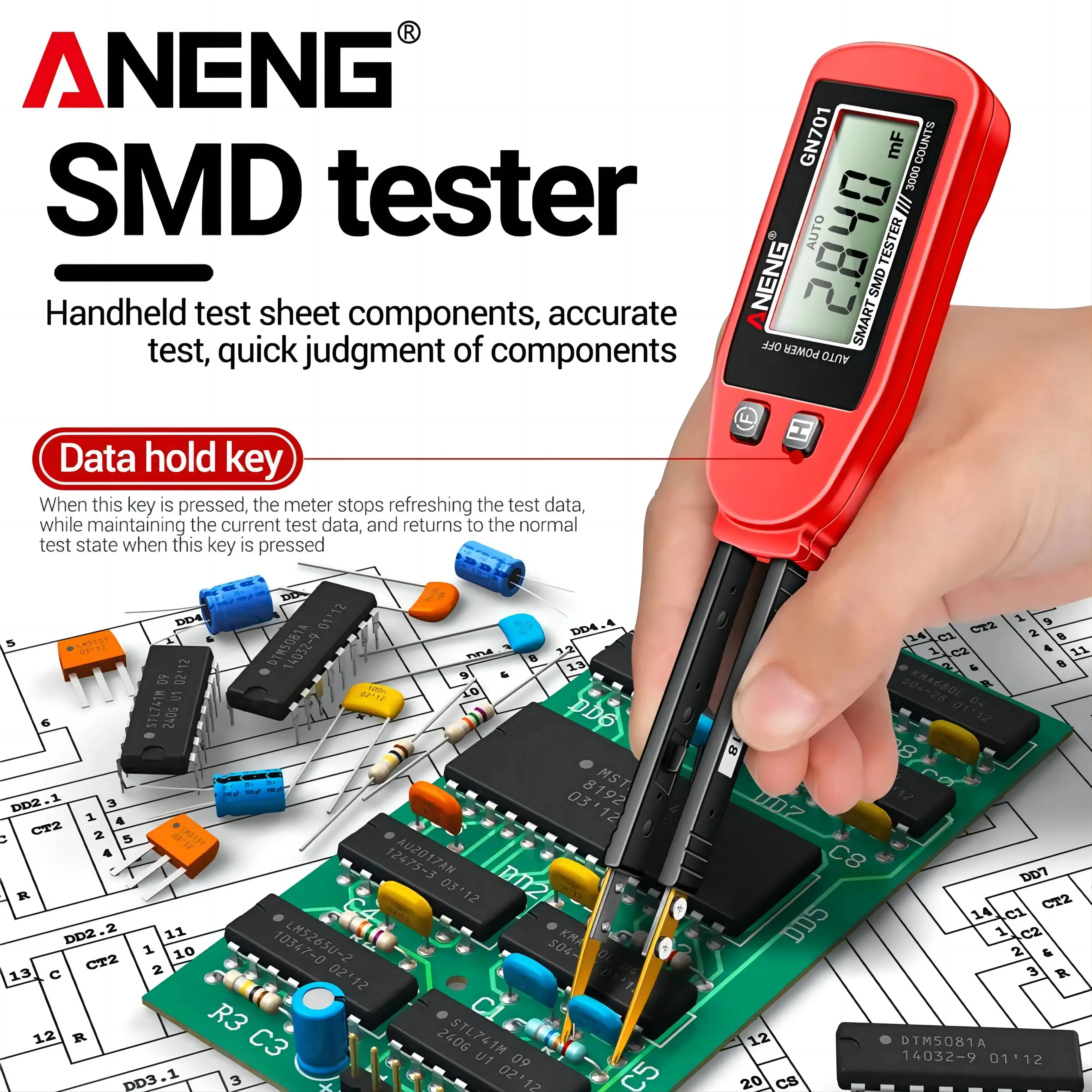 ANENG GN701 inteligentny Tester SMD 3000 liczy multimetr ręczny Patch Test rezystancja ciągłości dioda narzędzia miernik testowy