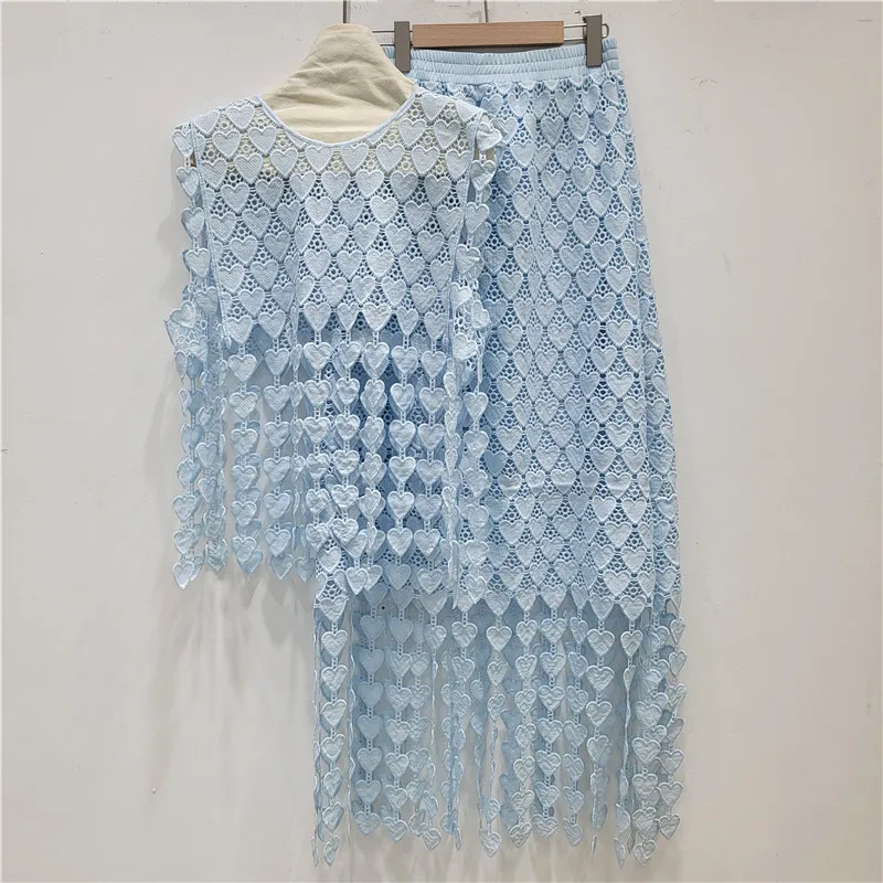 HKSH Women Chic Two-piece Set Heart-Shaped Hollow Out Tassel O-neck Vest Elastic Waisted Vesatile Elegant High-End Skirt HK22397