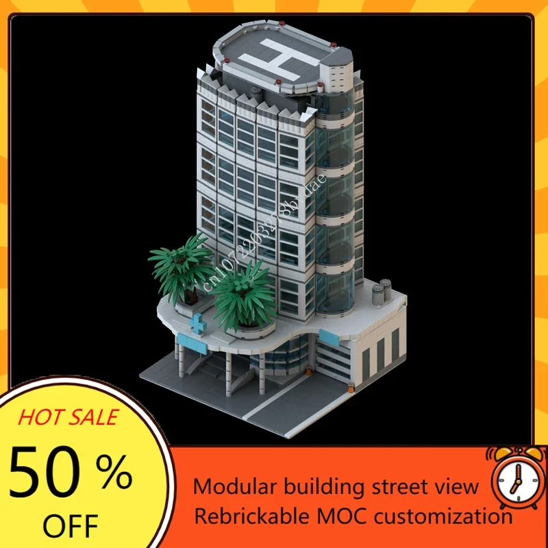 사우스 비치 병원 모듈러 MOC 크리에이티브 스트리트 뷰 모델 빌딩 블록, 건축 교육 조립 장난감 선물, 2568 개