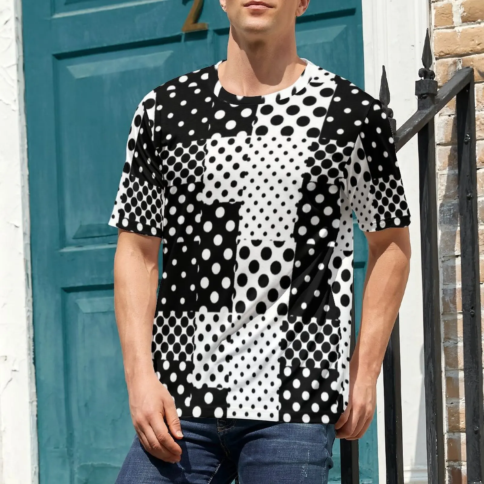 Patchwork Polka Dot Black White Print T Shirt Harajuku T Shirts Couple Funny Tshirt Beach Short Sleeve Custom Tops Plus Size 5XL