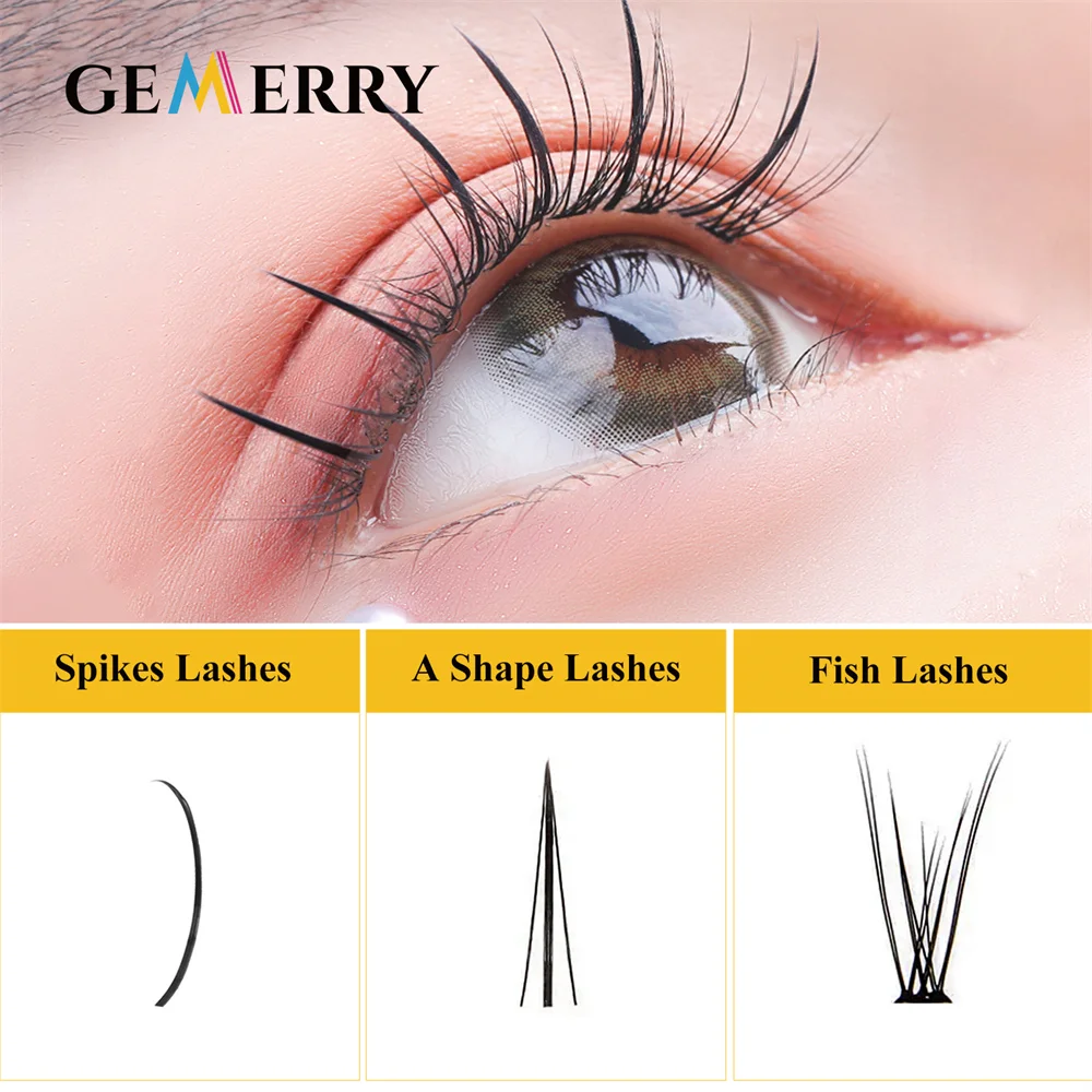 Gemerry DIY Cluster Eyelash Extension A Shape Fishtail Spikes Lashes Mixed Premade Fans Cluster Natural Makeup False Eyelashes