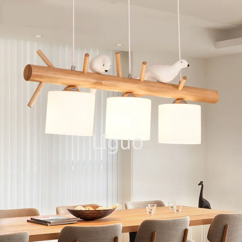 

Nordic chandelier Personality Restaurant Long White Glass LED chandelier with birds 2/3 Heads Study wood light fixture