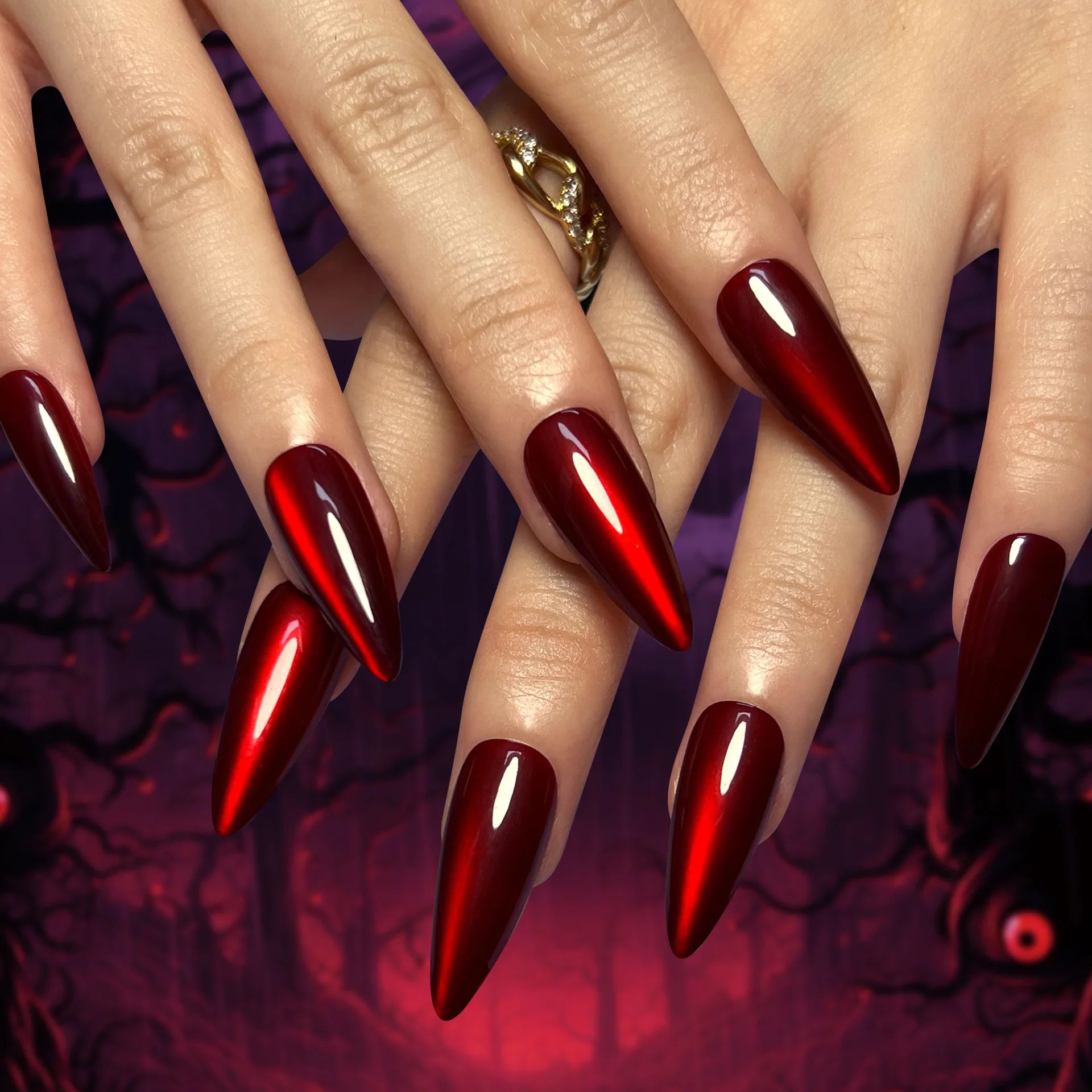 Halloween Press on Nails Blood Red Cat Eye Fake Nails with Gradient Glitter Design Shiny Witch False Nails Glossy Acrylic Nails