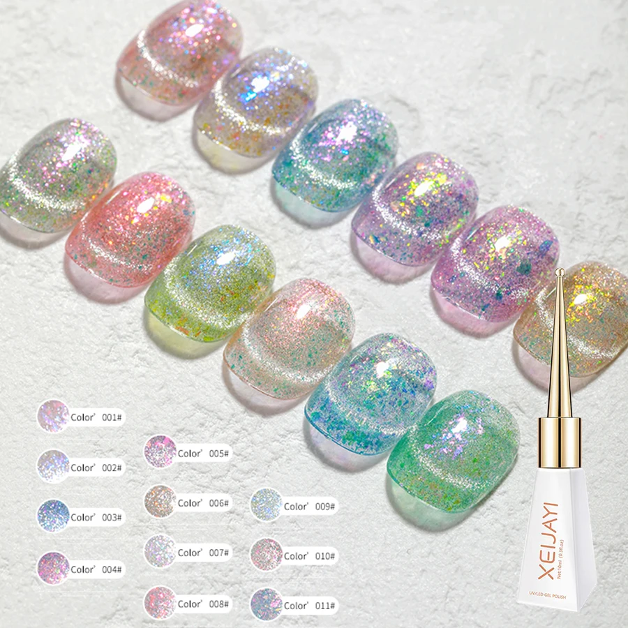 12pcs Summer Crushed Ice Glamorous Cat Eye Gel Nail Polish - Reflective Glitter, Holographic Laser Sparkle, Soak Off UV LED
