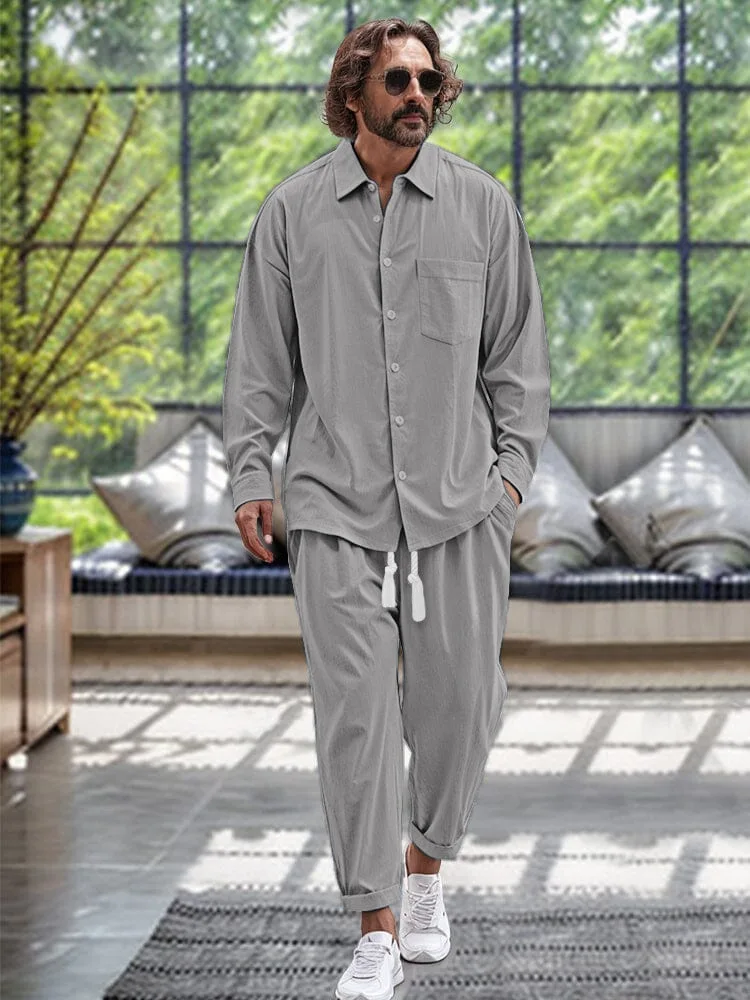 Men's Cotton Linen Shirt Casual Long Sleeve Trousers Two Sets