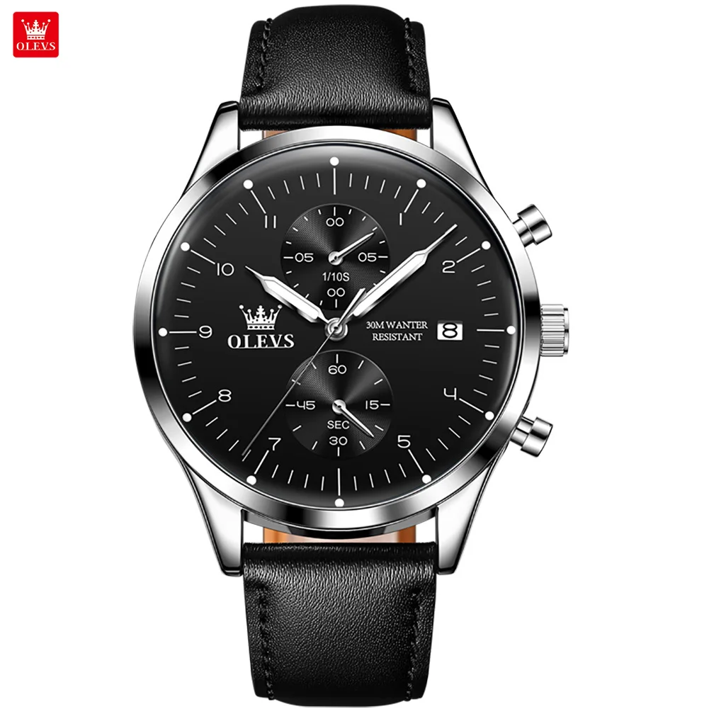 

Мужские кварцевые часы OLEVS 2880, деловые наручные часы с кожаным ремешком, светящимся циферблатом, указателем даты, водонепроницаемостью 30 м и хронографом.