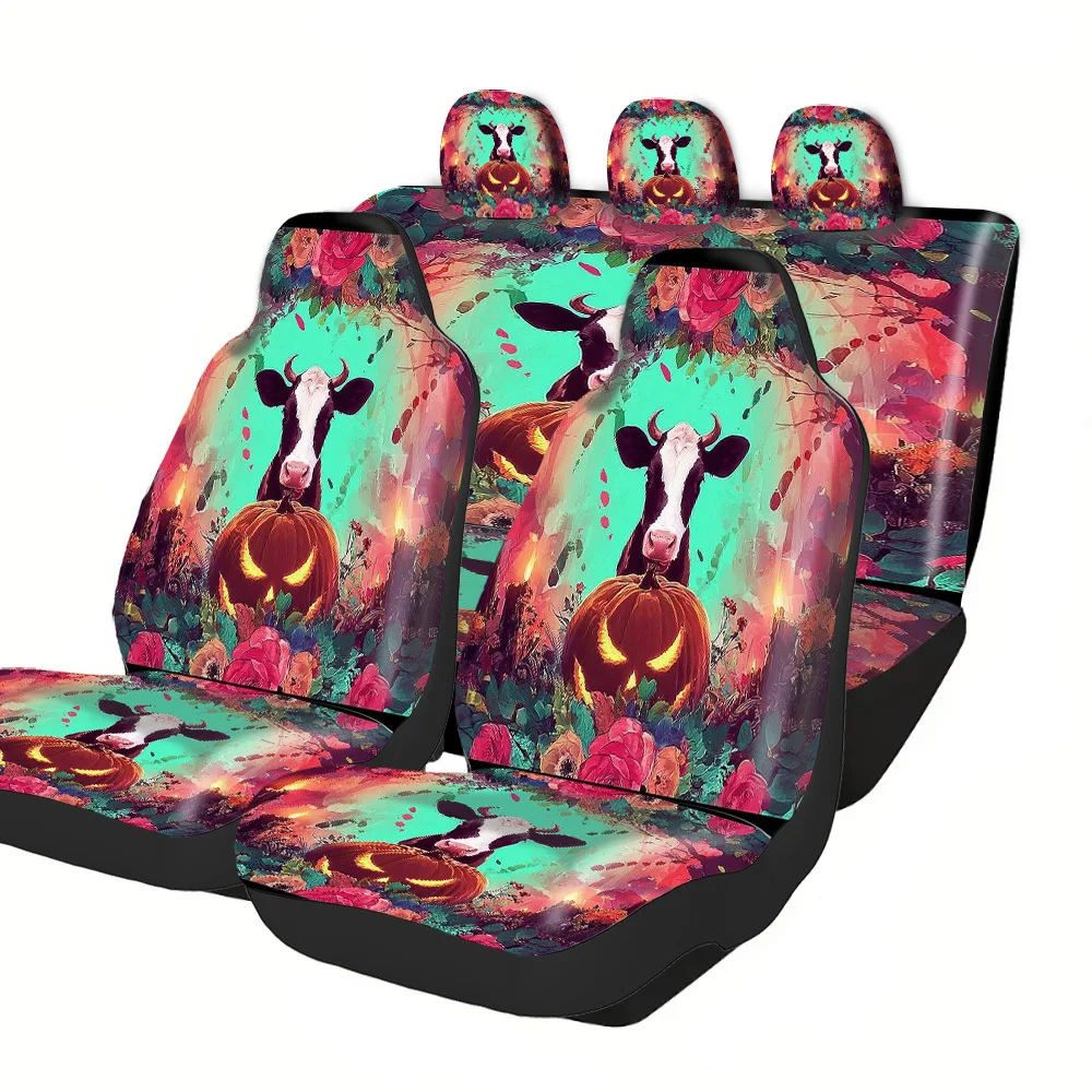 2-5 Seat Set Car Seat Covers Premium Breathable Fit All-Weather For Truck SUV Off-road Car Bull Head Pumpkin Lantern Artistic D