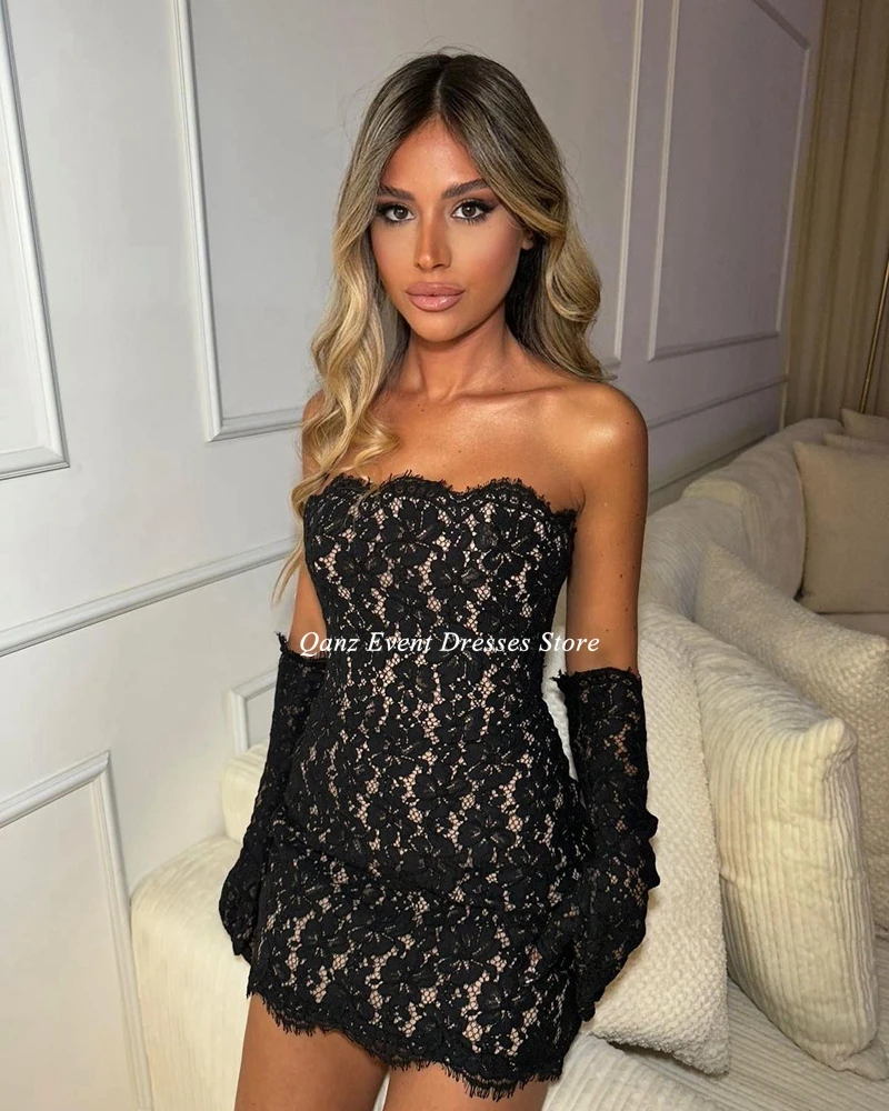 Qanz Short Prom Dress Black Off The Shoulder Lace Formal Evening Gowns Girl Graduations Party Dress Excluding Gloves Customized