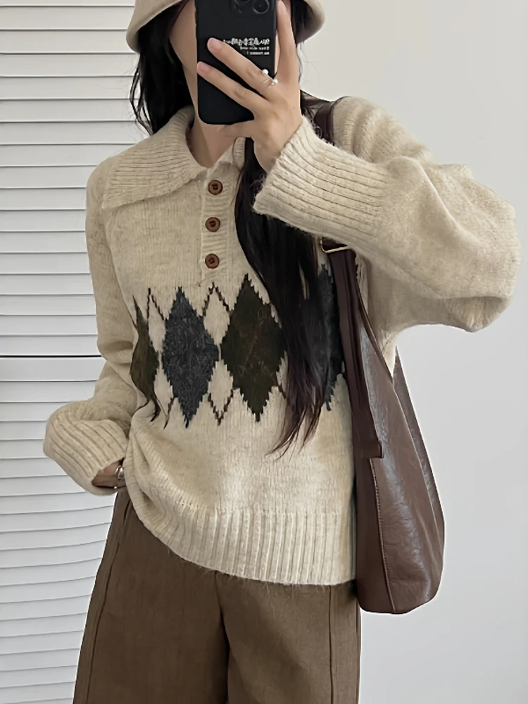 

Retro Ne Soft Knitted Sweater Women's Autumn Winter Design Color Blo Diamond Pattern Knitwear Base irt Top