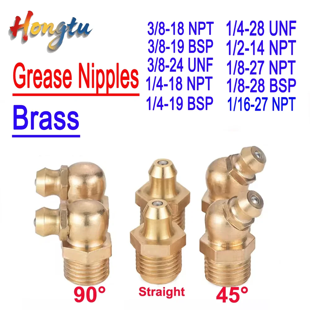 

Hongtu-Brass Lubricating Grease Fittings - Multiple Threads (1/16",1/8",1/4",3/8",1/2" BSP/NPT/UNF) & 45°/90°/Straight Types
