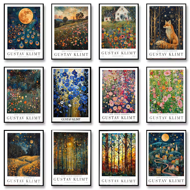 

Vintage Gustav Klimt Flower Garden Prints Fox Moon and Village Klimt Museum Poster for Living Room Bedroom Dormitory Home Decor