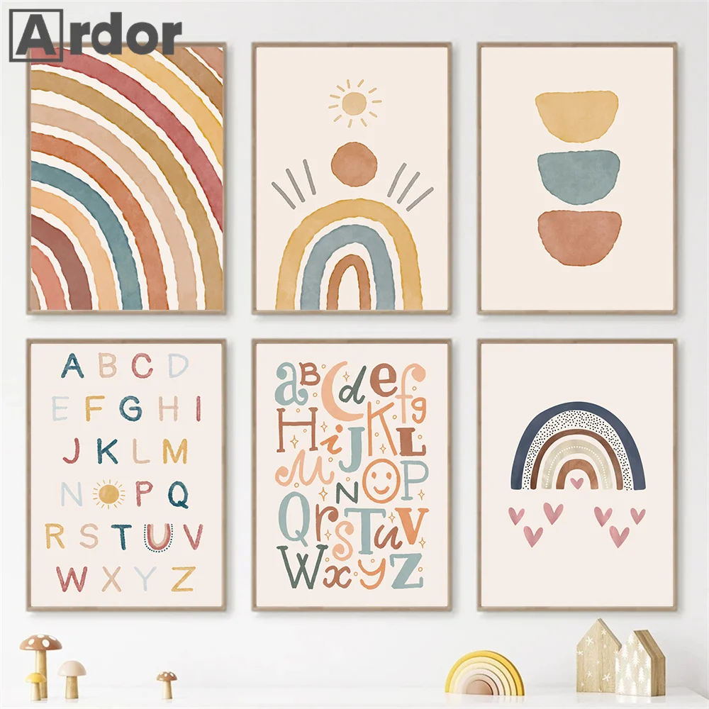 بوهو قوس قزح الشمس الأبجدية الرسم على لوحات القماش الجدارية الأسد الدب الحوت يطبع الحضانة الملصقات الشمال صور الطفل الاطفال غرفة ديكور #2