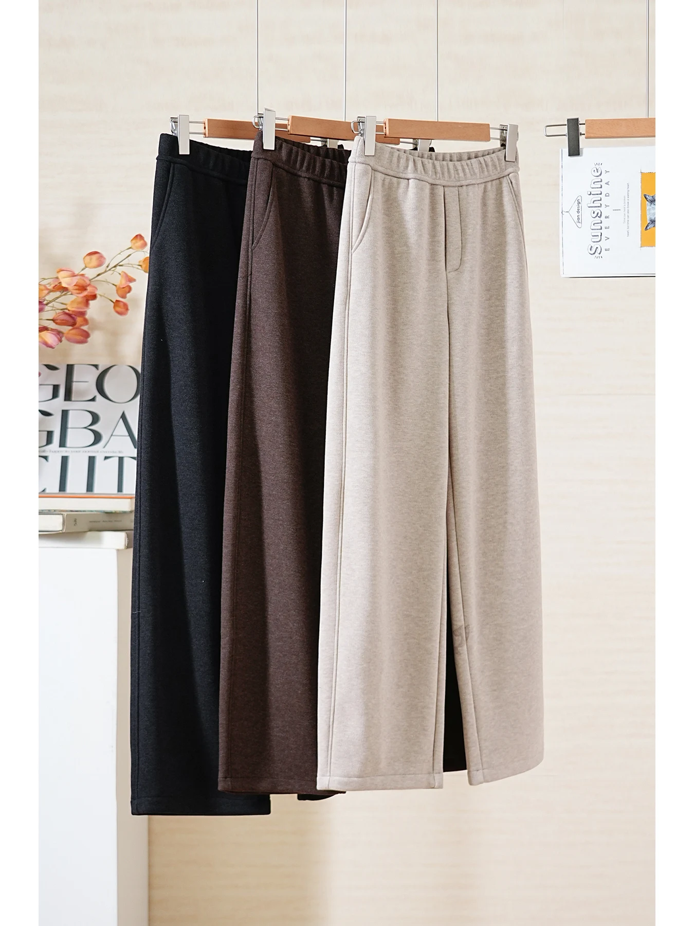 

Зимние брюки YongLeap: новинка, охлаждающие, эластичные, на флисовой подкладке, шерстяные, прямые, повседневные, однотонные, на резинке