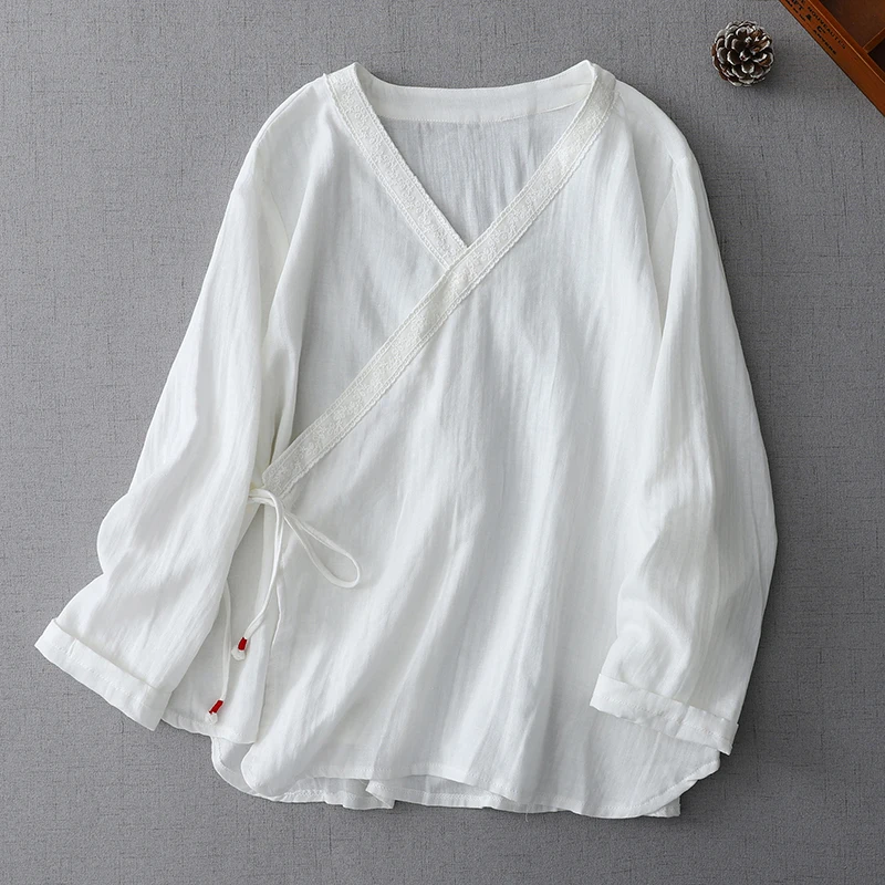 Blusa Kimono con Cuello en V y Encaje para Mujer, Estilo Chino, Primavera-Verano, Top Cruzado Retro Boho, Cardigan Blanco de Algodón con Lazo Delantero