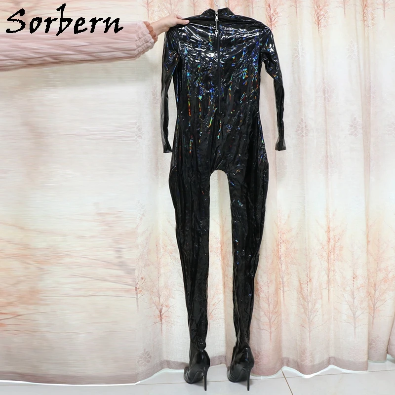 Sorbern Black Holo BodySuit Boots Unisex Crotch Thigh High Custom Size High Heels Womens High Neck Long Sleeve Sexy Back Zip