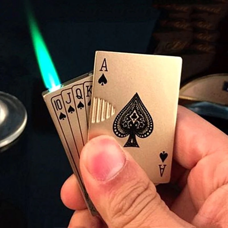 2022 Unusual Metal Playing Cards Jet Lighter Flashlight Turbo Butane Gas Lighter Creative Windproof Outdoor Lighter Fun Toys