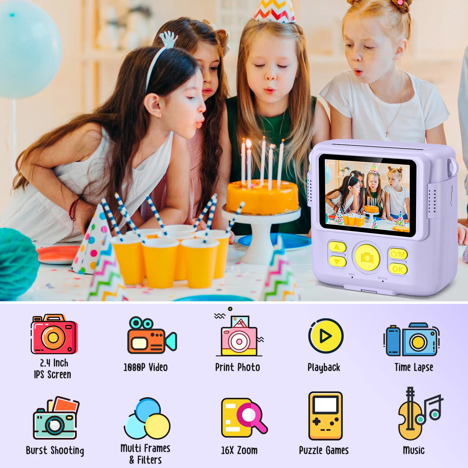 Digitale camera voor kinderen 2,4 "1080P HD-videocamera Draagbare instant-printcamera met 32GB-kaart, verjaardagscadeau voor jongens meisjes 3-12