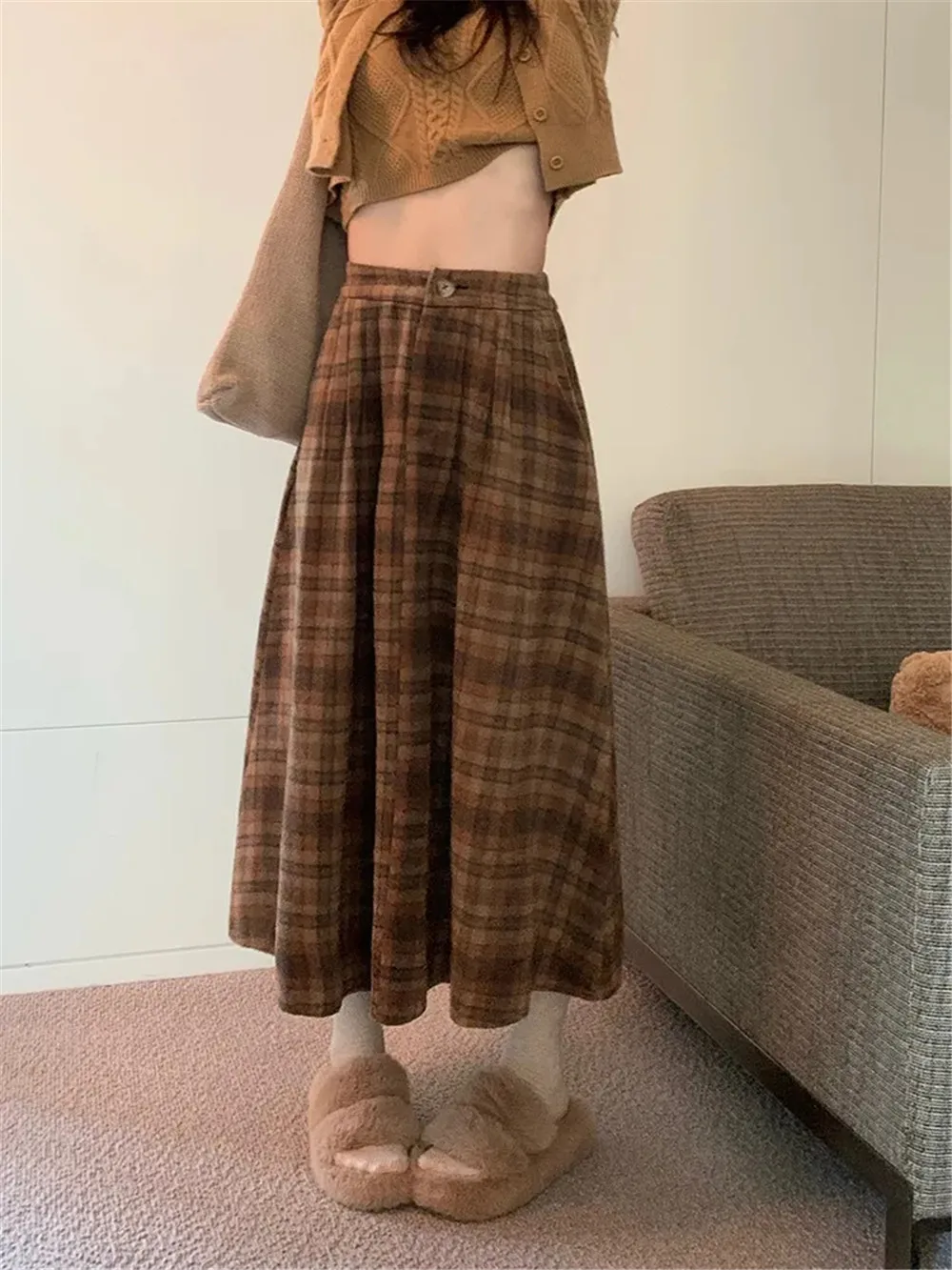 Spring Vintage Thick Plaid Pleated Skirt Women England Brown Elegant Chic Long Skirt High Waist A-Line Casual Woolen Skirts 2023