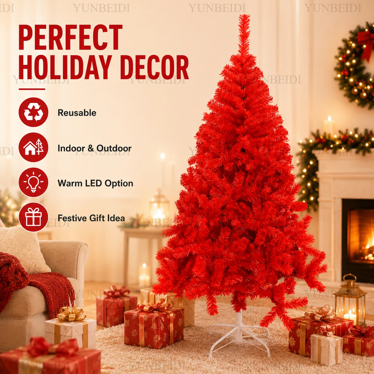 Künstlicher roter Weihnachtsbaum aus PVC-Material mit warmen LED-Lichtern, 1,2 m bis 2,4 m, für weihnachtliche Atmosphäre zu Hause.
