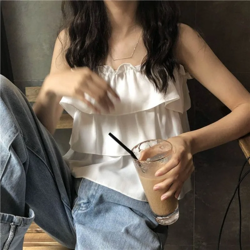 Fashion Street Photo Flounces Sweet Strappy Chest Wrap Vest One-line Collar Women Clothing Summer College Style Halter Jacket