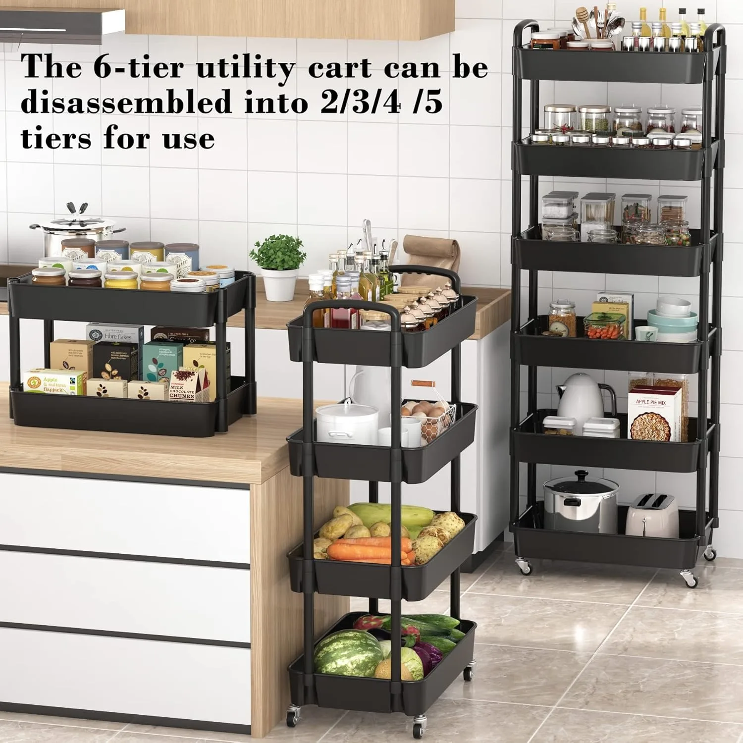 6-Tier Plastic Rolling Utility Cart with Handle, Multi-Functional Storage Trolley for Office, Living Black