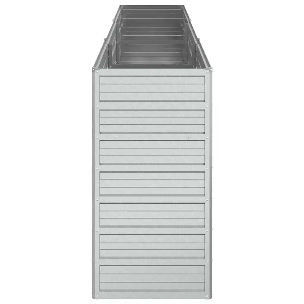 Jardinière surélevée en acier argenté de type étroit, idéale pour la culture de plantes en bordure de jardin, 240x40x77 cm, aménagement compact et pratique.
