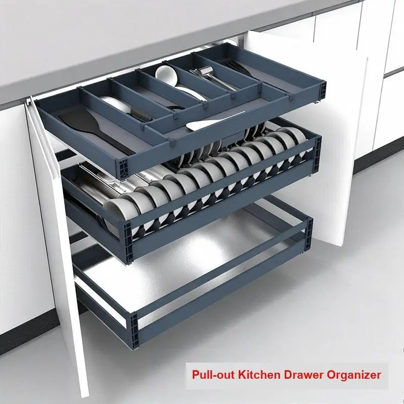 Kitchen Drawer Cabinet Single Layer Storage Pull Basket Shallow Cabinet Dishwashing Shelf Stainless Steel