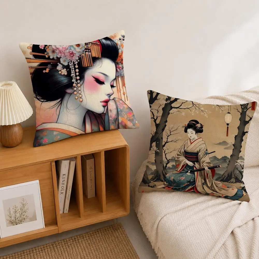 Art Japanese Geisha Art Cushion Cover Natural Linen Pillowcase Set, All-in-One Decor for Sofa, Bedroom & Chair
