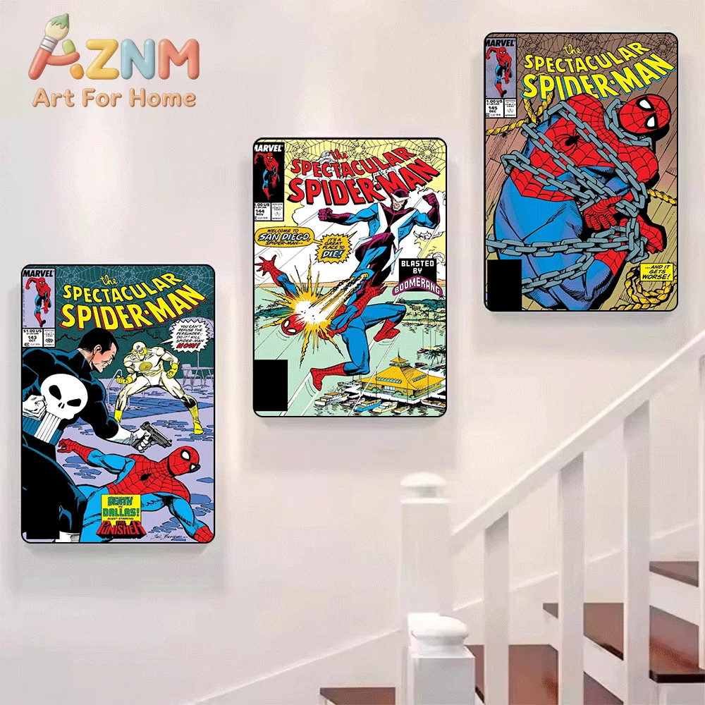 AZNM The Spectacular Spider-Man Punisher Vintage Comic Frameless Canvas Wall Art Retro Superhero Print for Home Decor