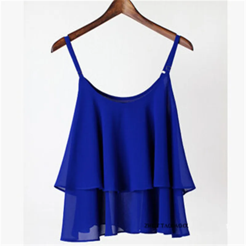 2024 Summer Double ruffles Blouses&shirts,Spagetti Strap Vest Tops blusas vestidos sexy chiffon vest