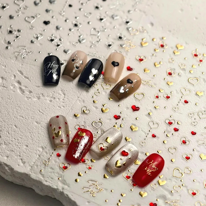 

Red Black Jelly Love Heart Gold Stamped Silver 3D Self Adhesive Nail Art Stickers Stars Bowknot Laser Manicure Decals Wholesale