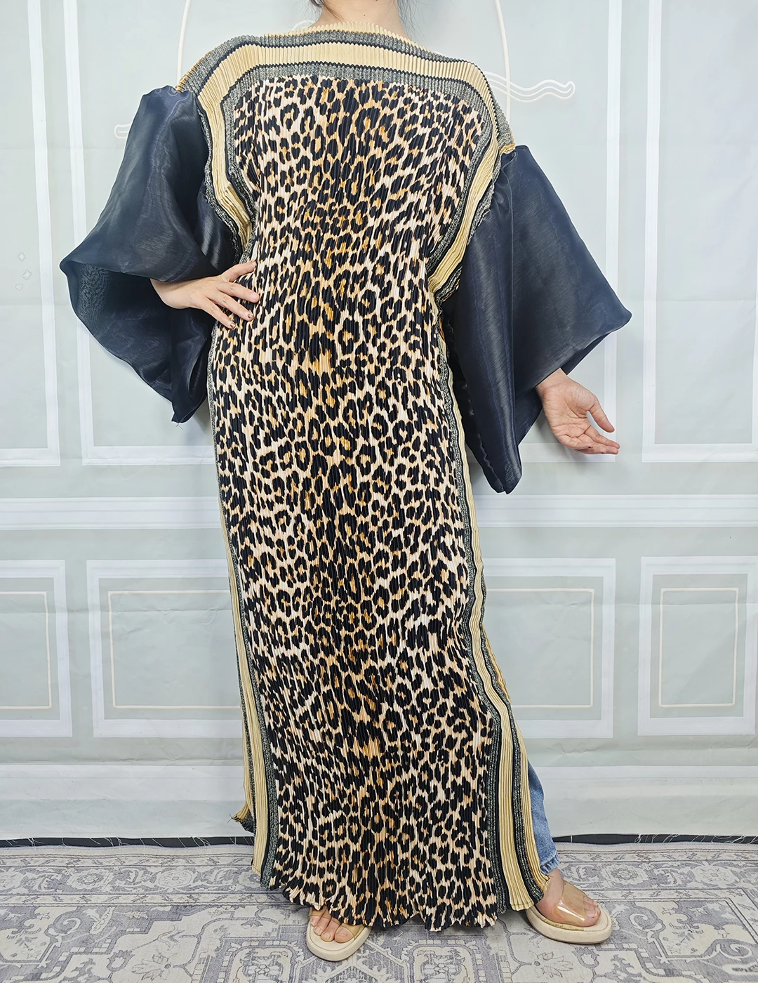 

Muslim Fashion Leopard Printed Pleated Dress Elegant Lady Evening Party Reffle Sleeve Pleated Maxi Dress Free African CLothes