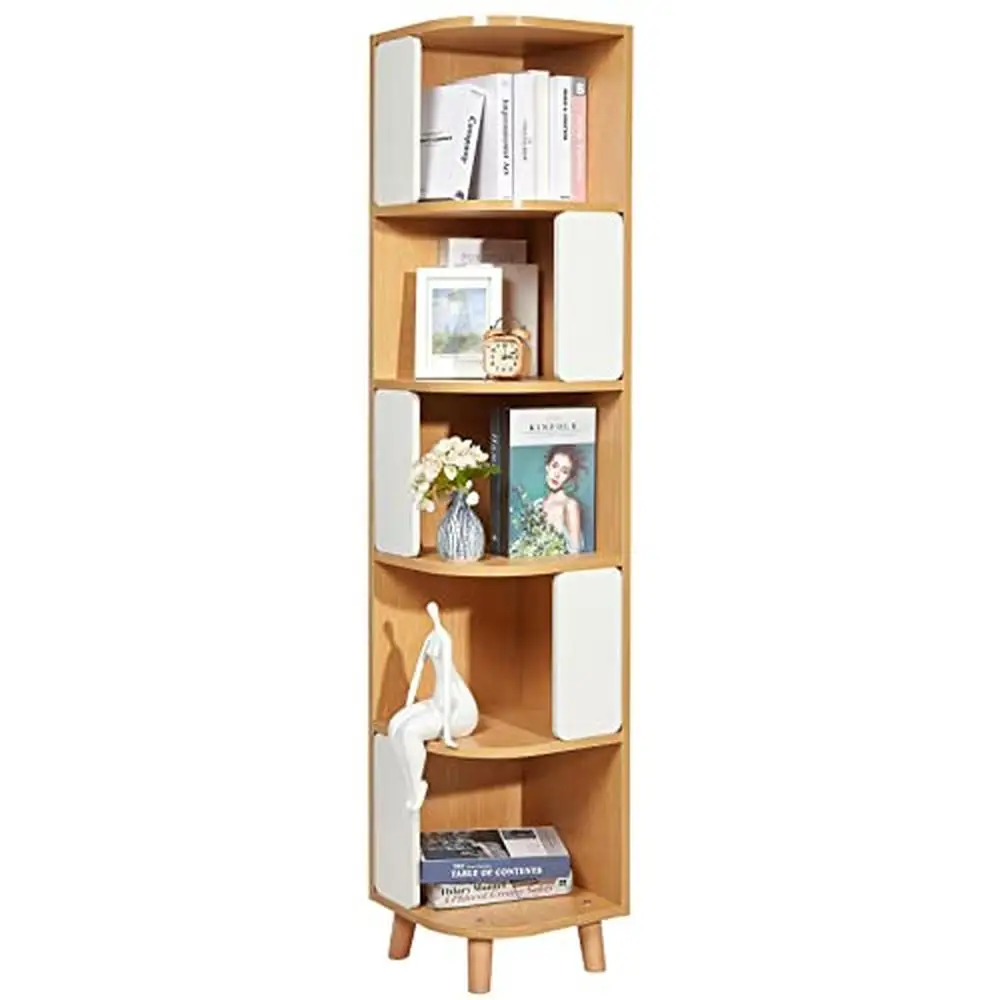 5-Tier Wood Corner Bookshelf Nordic Style Tall Shelf with Thickened Layers Standing Bookcase Living Room Bedroom Study Office