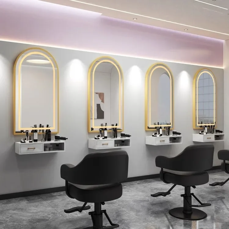 

New barber shop mirror hair salon special countertop single-sided with lamp hair salon mirror wall hanging cabinet integrated