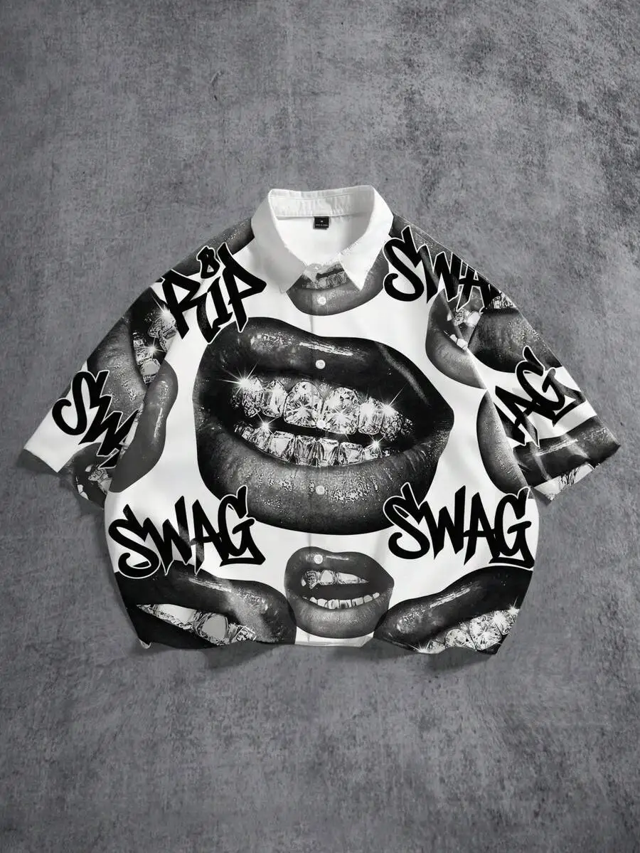 

Mens Oversized Graffiti Print Short Sleeve Casual Shirt Streetwear