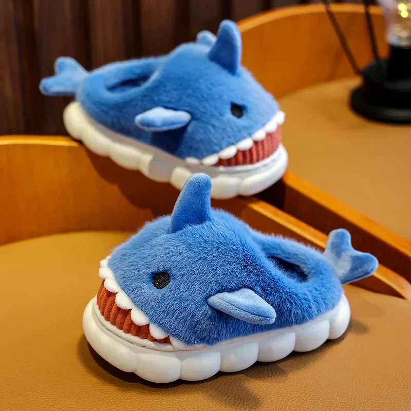 2024 New Winter Children\'s Fluffy Slippers Cute Shark Non-slip Flip Flops For Girls Boys Mule Warm Plush Home Kids Cotton Shoes