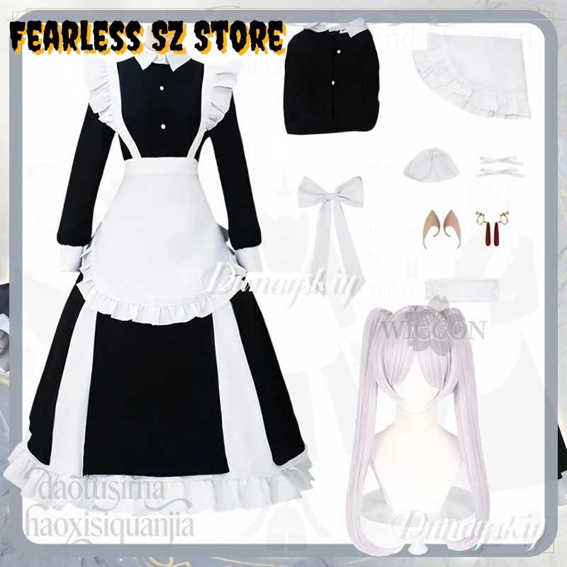 

Frieren Cosplay Anime Frieren: Beyond Journey's End New Outfit Long Maid Uniform Black Dress Apron Jirai Kei Twin Ponytails Cos