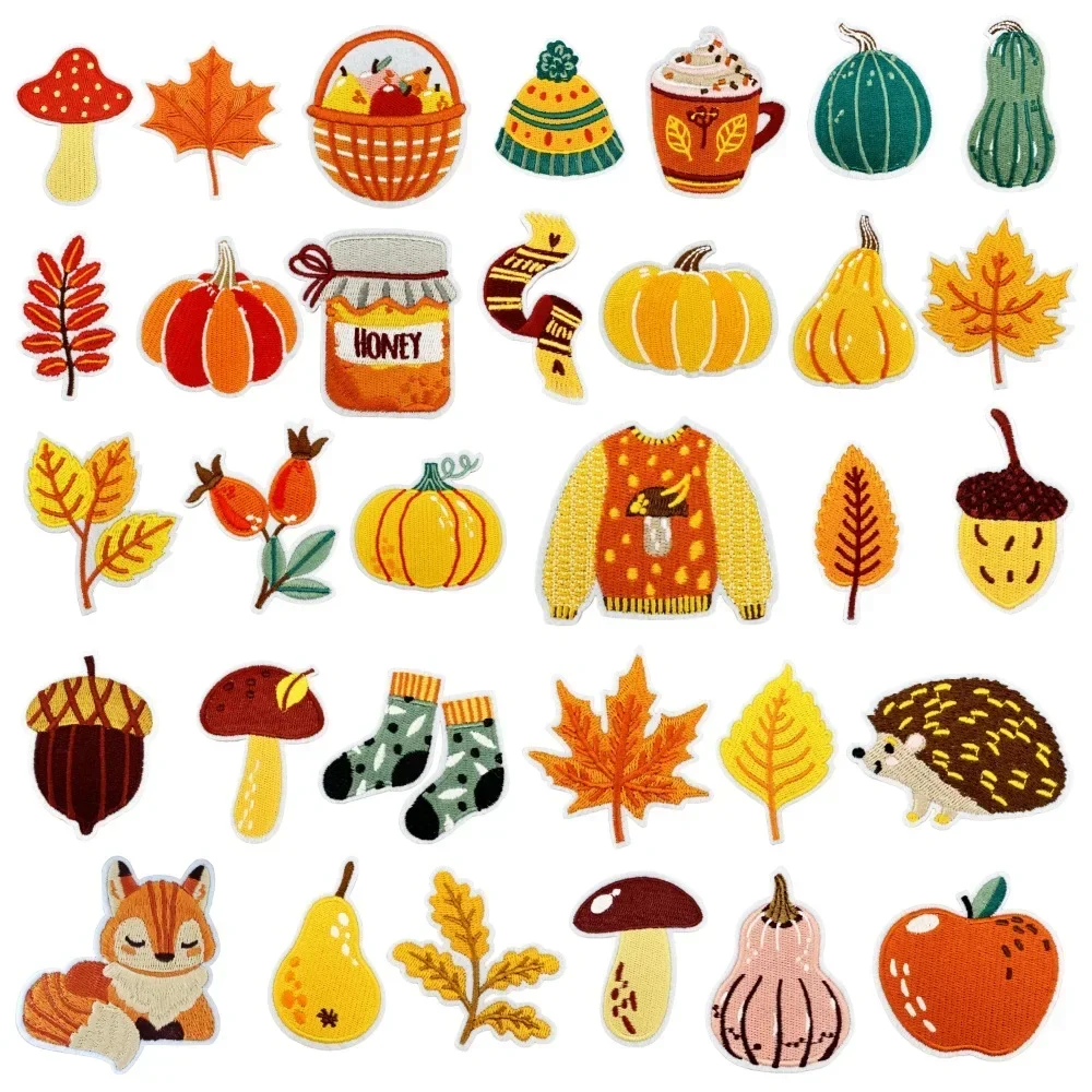 Harvest Festival Embroidered Applique Autumn Cartoon Leaf Grain Iron on Patch Colorful Pumpkin Thanksgiving Badge for Party Wear