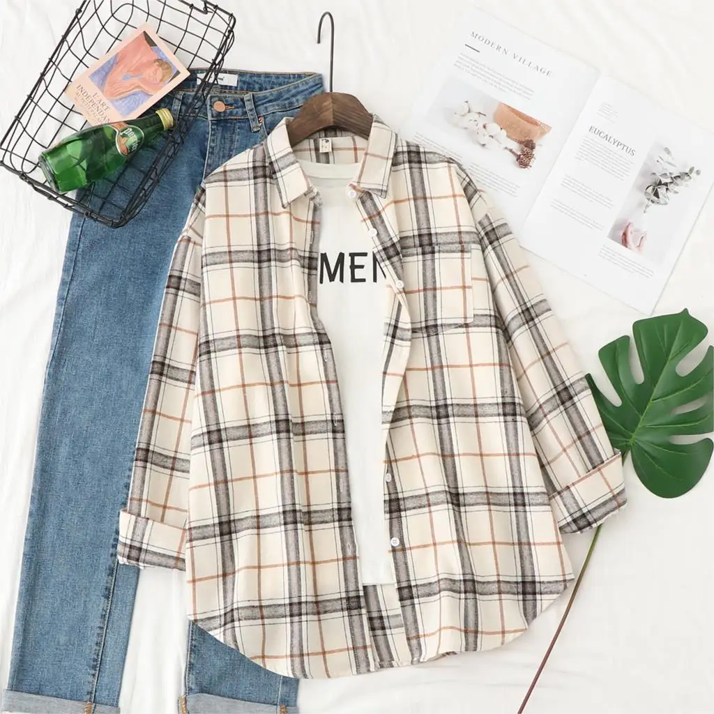 2023 Autumn New Casual Loose Plaid Shirt Women Fresh College Style Long Sleeve Blouses and Tops Female Checked Shirts.Clothes