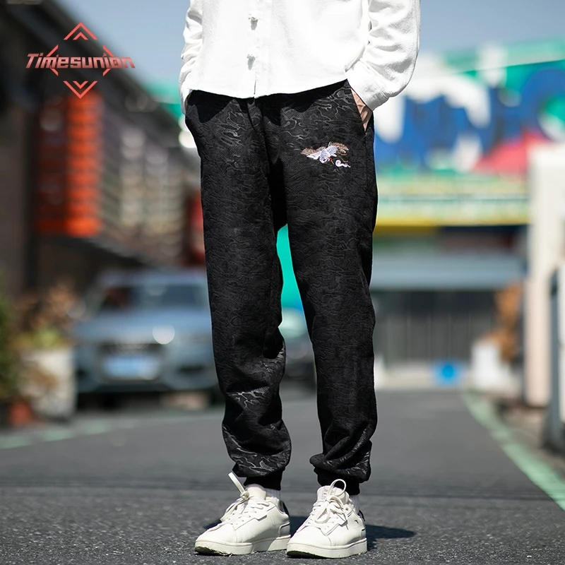 Pantalones con bordado de grulla de talla grande, pantalones de pierna ancha de estilo chino, estampado de nubes, estilo étnico bohemio, corte holgado con puños elásticos