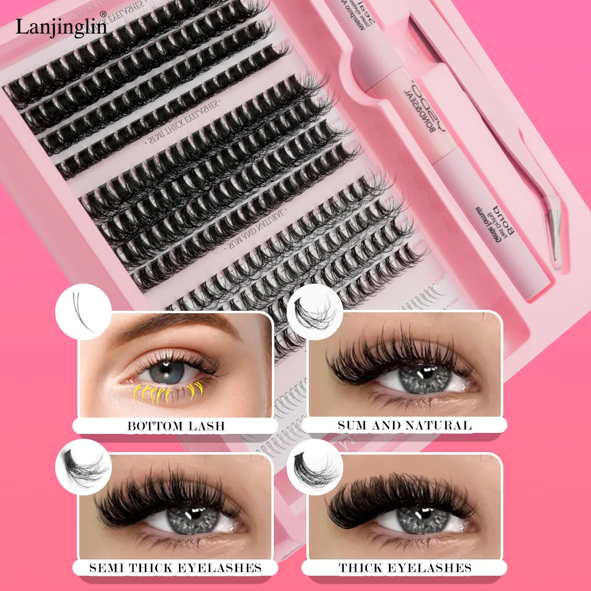 Lanjinglin Lash Clusters Kit With Waterproof Strong Hold DIY Lash Extension Kit Lash Bond And Seal And Eyelash Tweezers Makeup