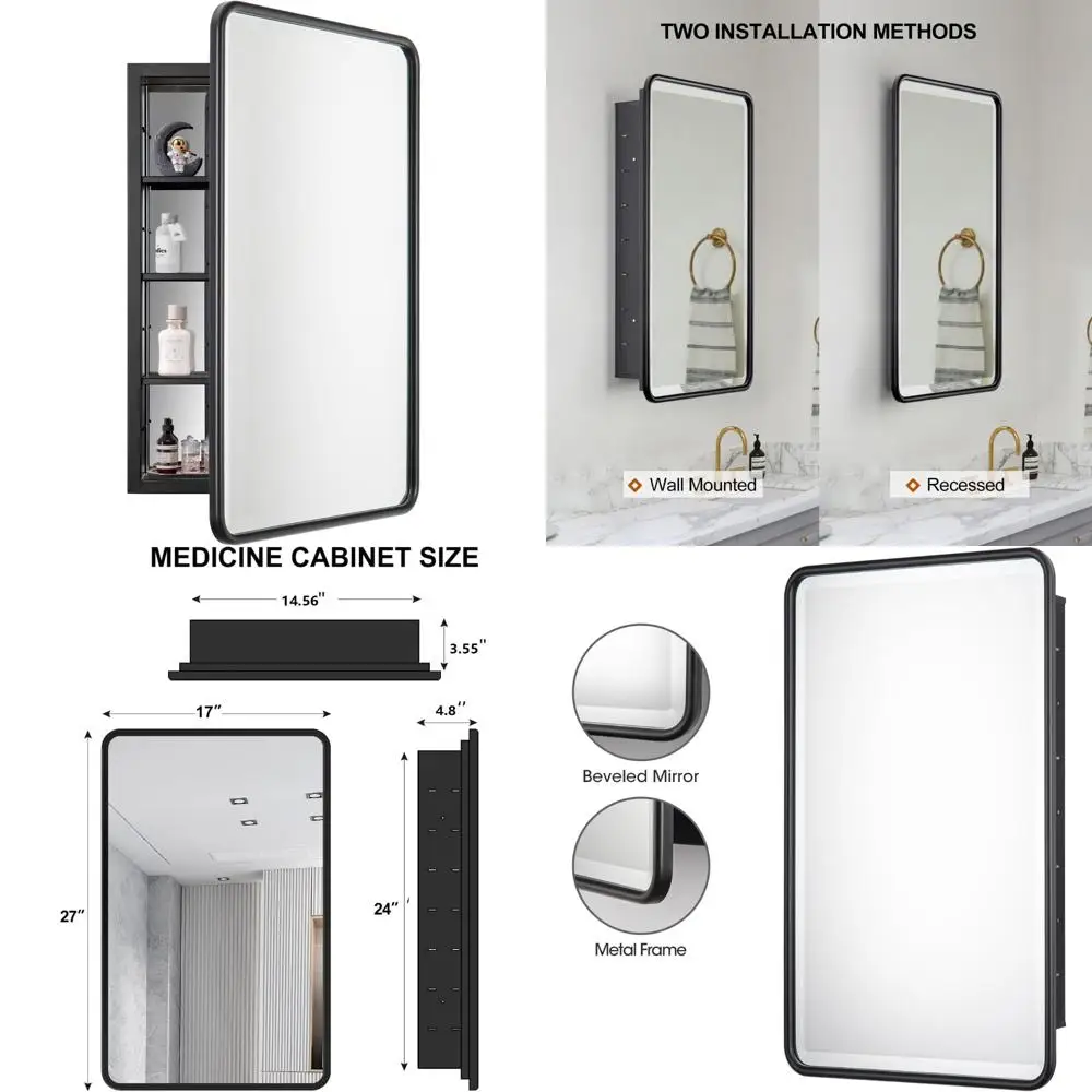 

Reclaimed Metal Frame Medicine Cabinet, 17 x 27, Wall or Recessed Mount, Single Door with Mirror