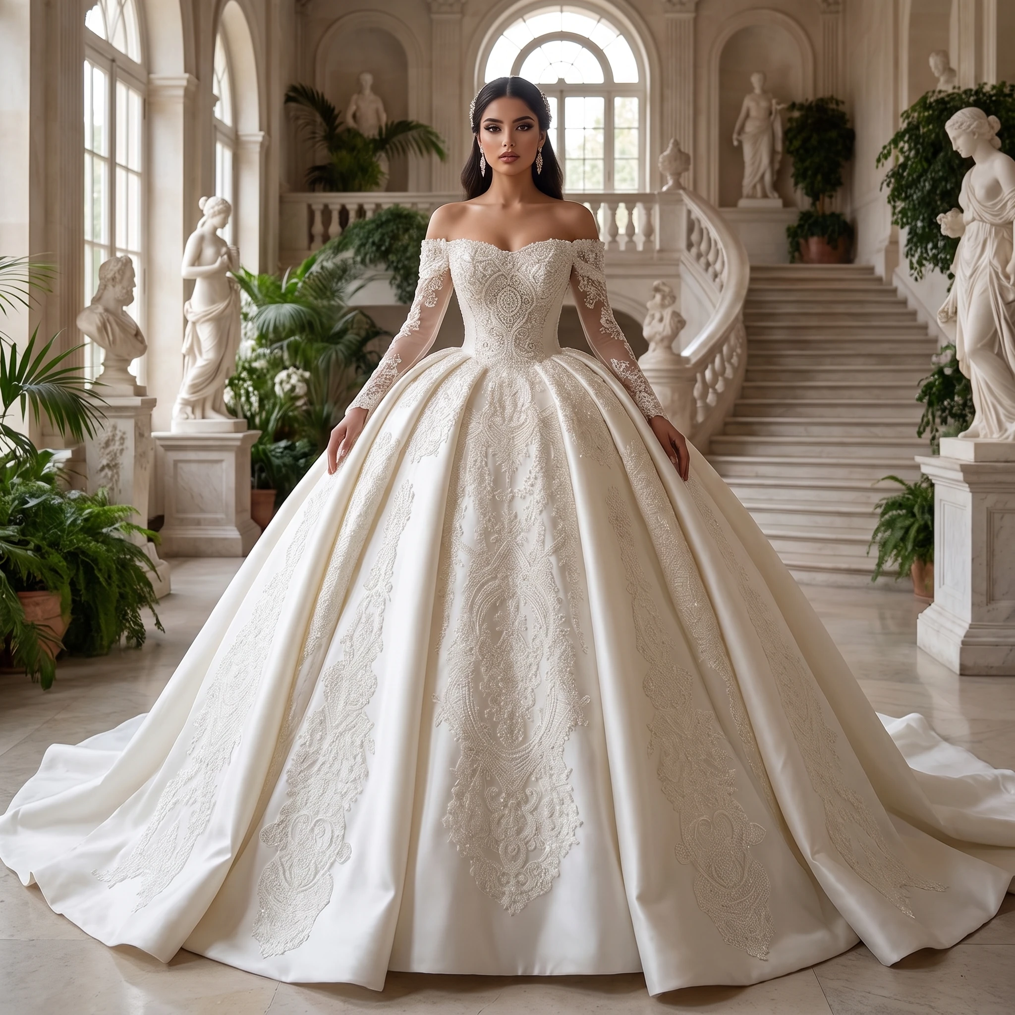 Modest Long Sleeve Bridal Dress Satin Wedding Gown Court Train Customized Scoop Long Bride Robe Customized Vestido De Novia