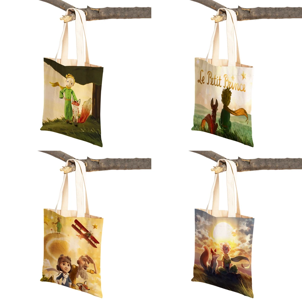 Little Prince Women Shopping Bag Double Print Fashion Classic Cartoon Anime Canvas Lady Travel Tote for Children Boys Girl