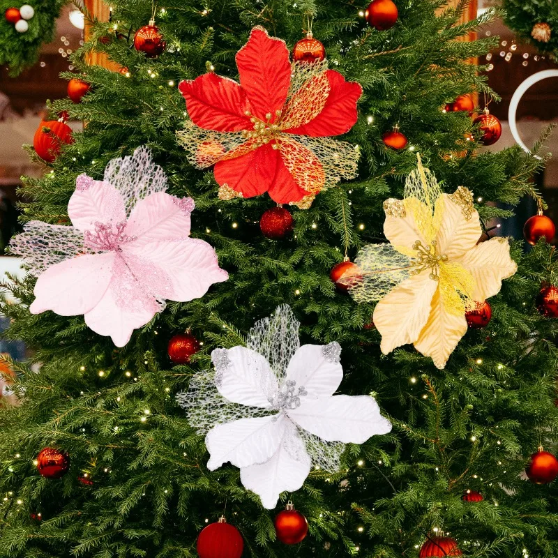 Christmas Decorations, Golden & Red Artificial Poinsettia, Handmade Maple Shaped Decorative Flowers Poinsettia Hanging Ornaments