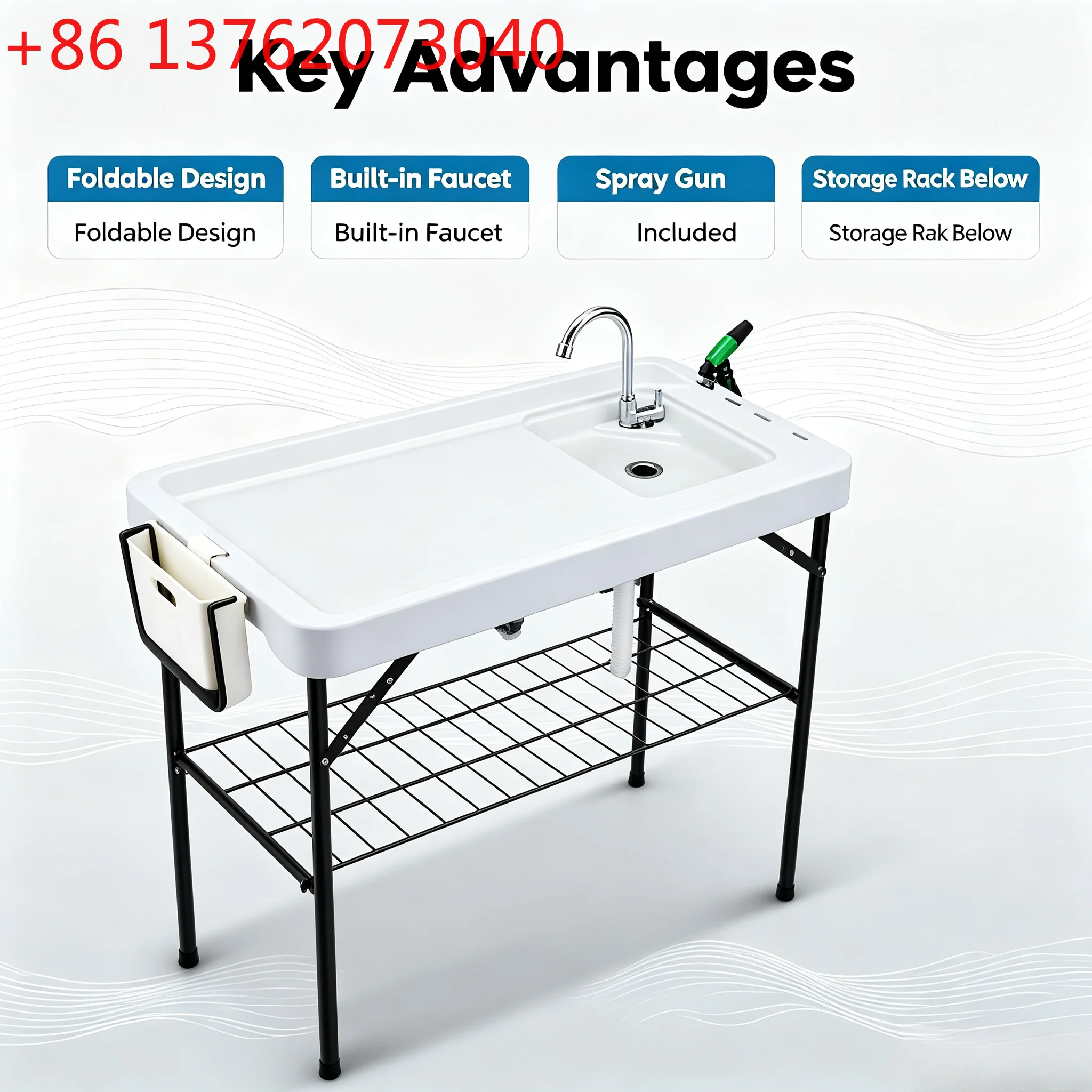 Plastic Folding Fish Cleaning Table with Single Sink, Outdoor Ice Table, Portable Wash & Gut Fish Station for Camping Seafood